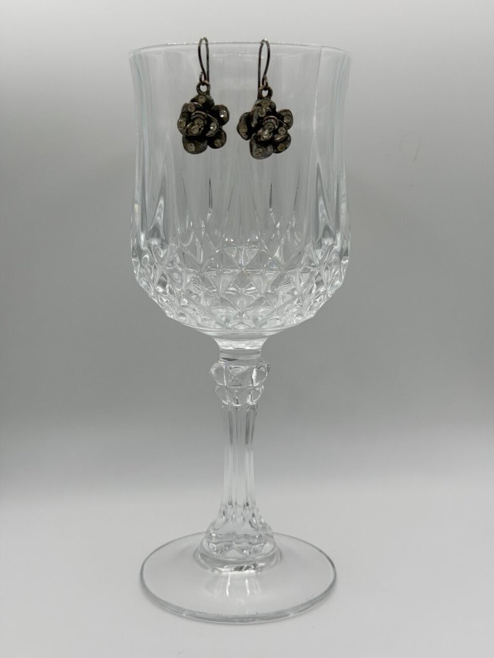 Silver-Tone Rhinestone Rose Drop Earrings – Sparkling Floral